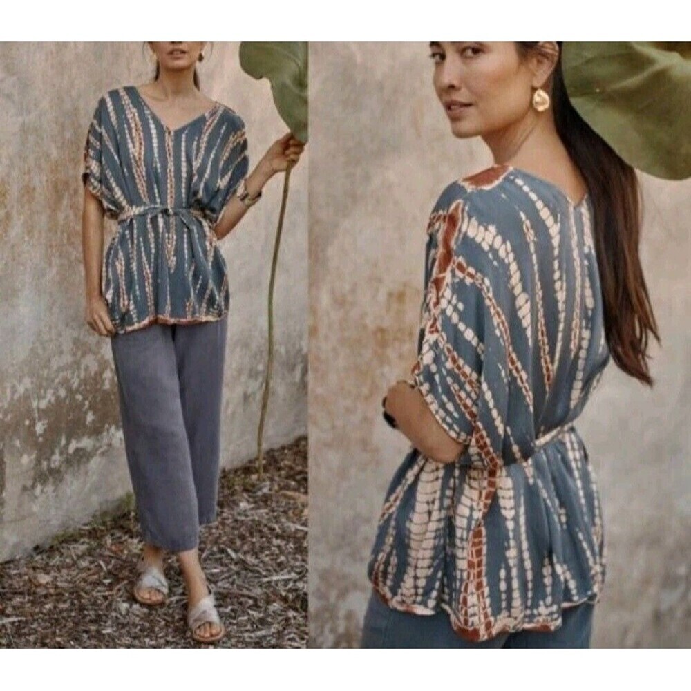 NWT J.JILL PURE JILL Draped Tie-Dye Belted Top Size L Viscose Bohemian Stone